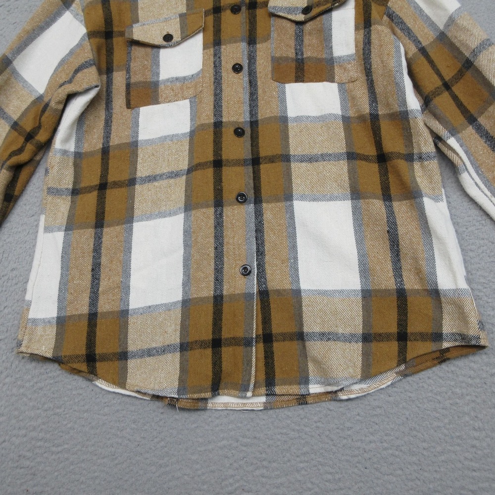 Plaid Oversized Shacket Women M Tan White Flannel Shirt Jacket Pockets Automet - Picture 6 of 16